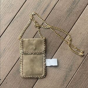 NWT CELL PHONE HOLDER-Chic Metallic Tan Crossbody Bag with Gold Chain